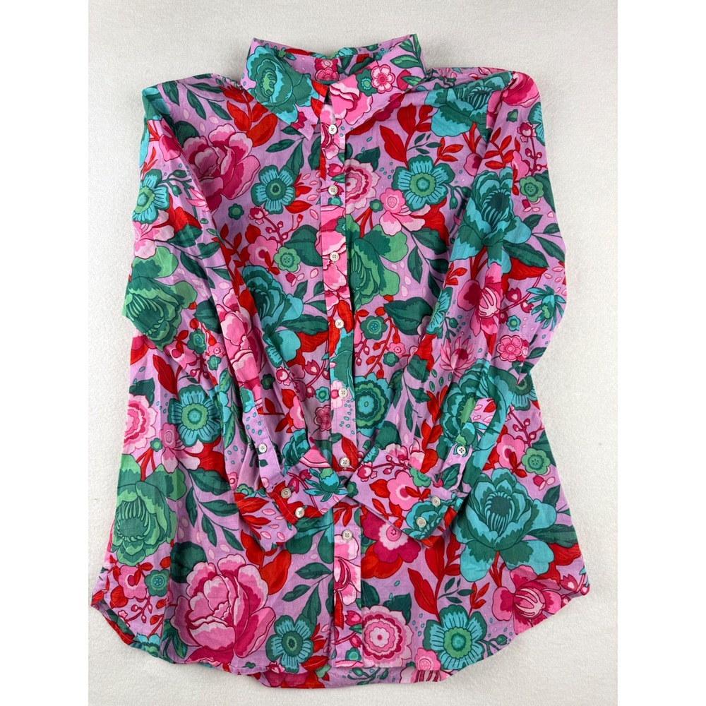 Talbots Womens Large Pink Turquoise Floral Cotton Long Sleeve Button Down Shirt